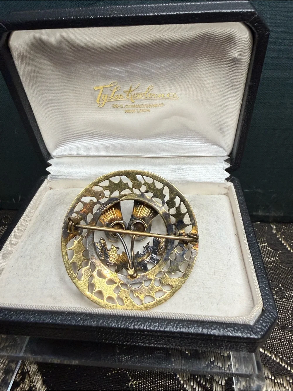 VTG Gold ToneThistle Brooch with Purple Rhinestones by Mizpah